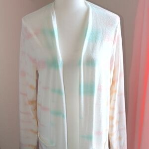 torrid White Open Cardigan with Pastel Pink, Blue, and Peach Tie-Dye Accents